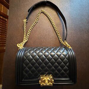Designer Inspired Black Quilted Chain Strap Bag. Genuine Leather. Gold Accents.